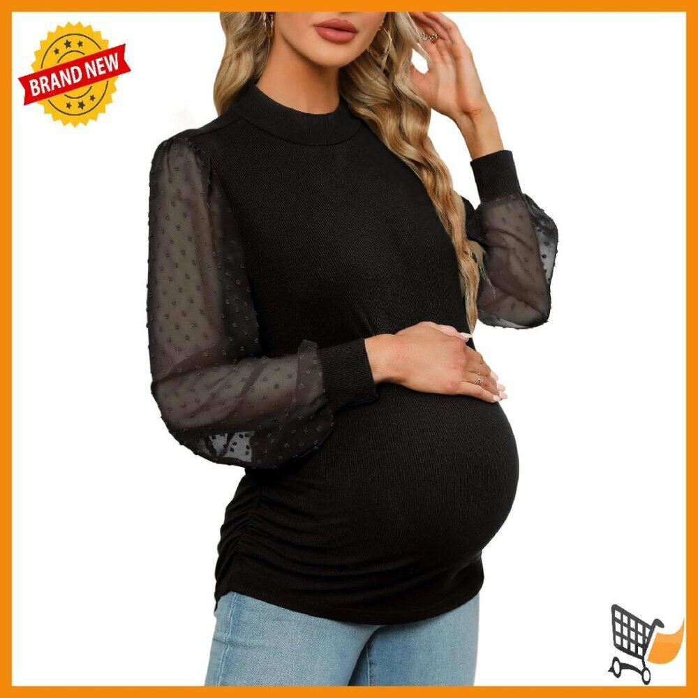 Maternity Mock Neck Long Sleeve Blouse Ribbed Knit Ruched Side